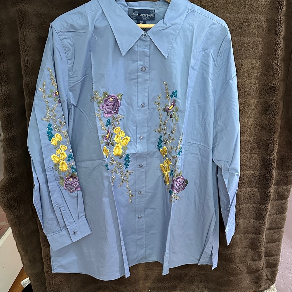 Stylish Blue Embroidered Button Down Shirt